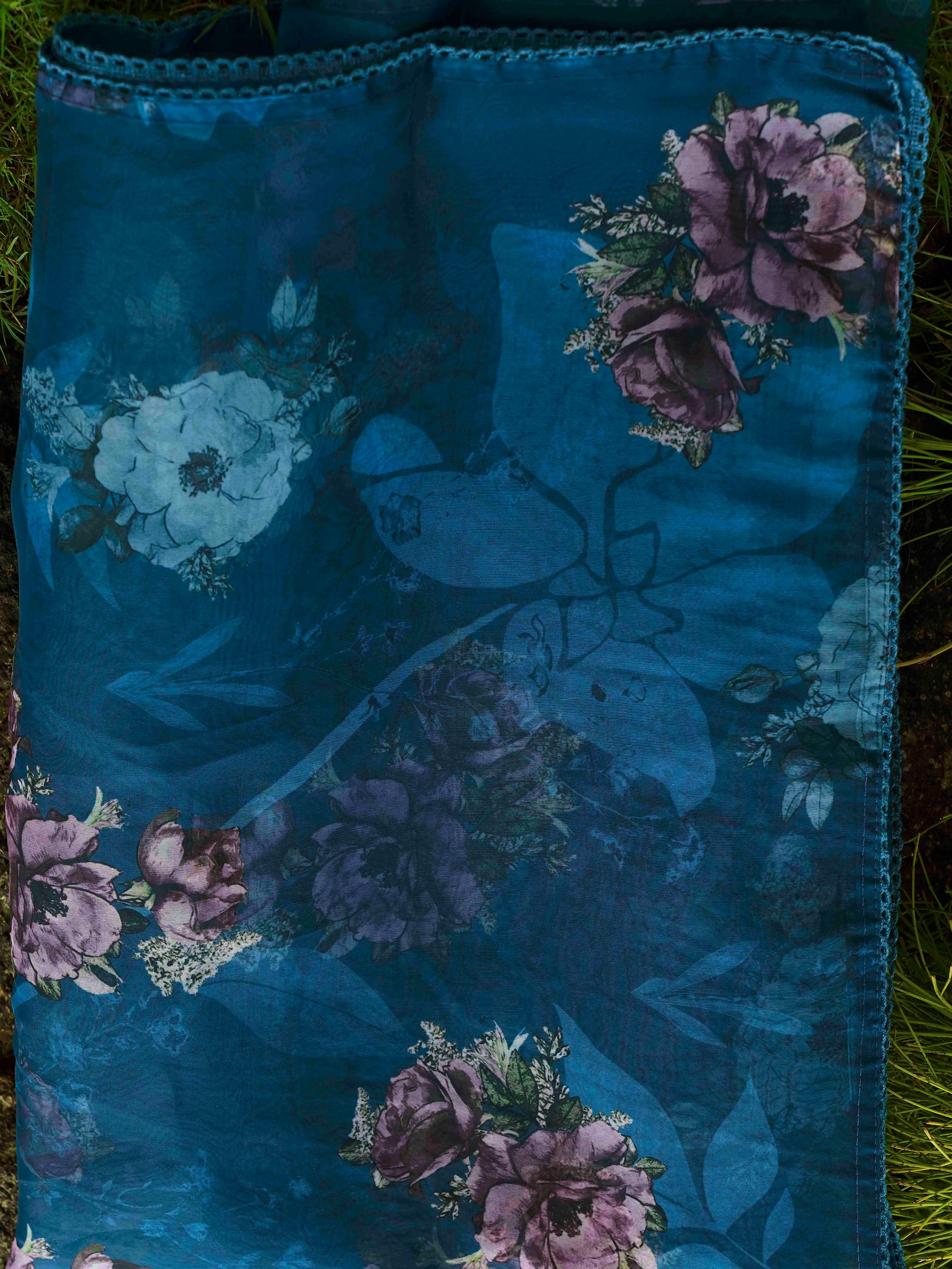 Teal Blue Color Cotton Blend Multi Embroidered Kurta Set With Printed Organza Dupatta